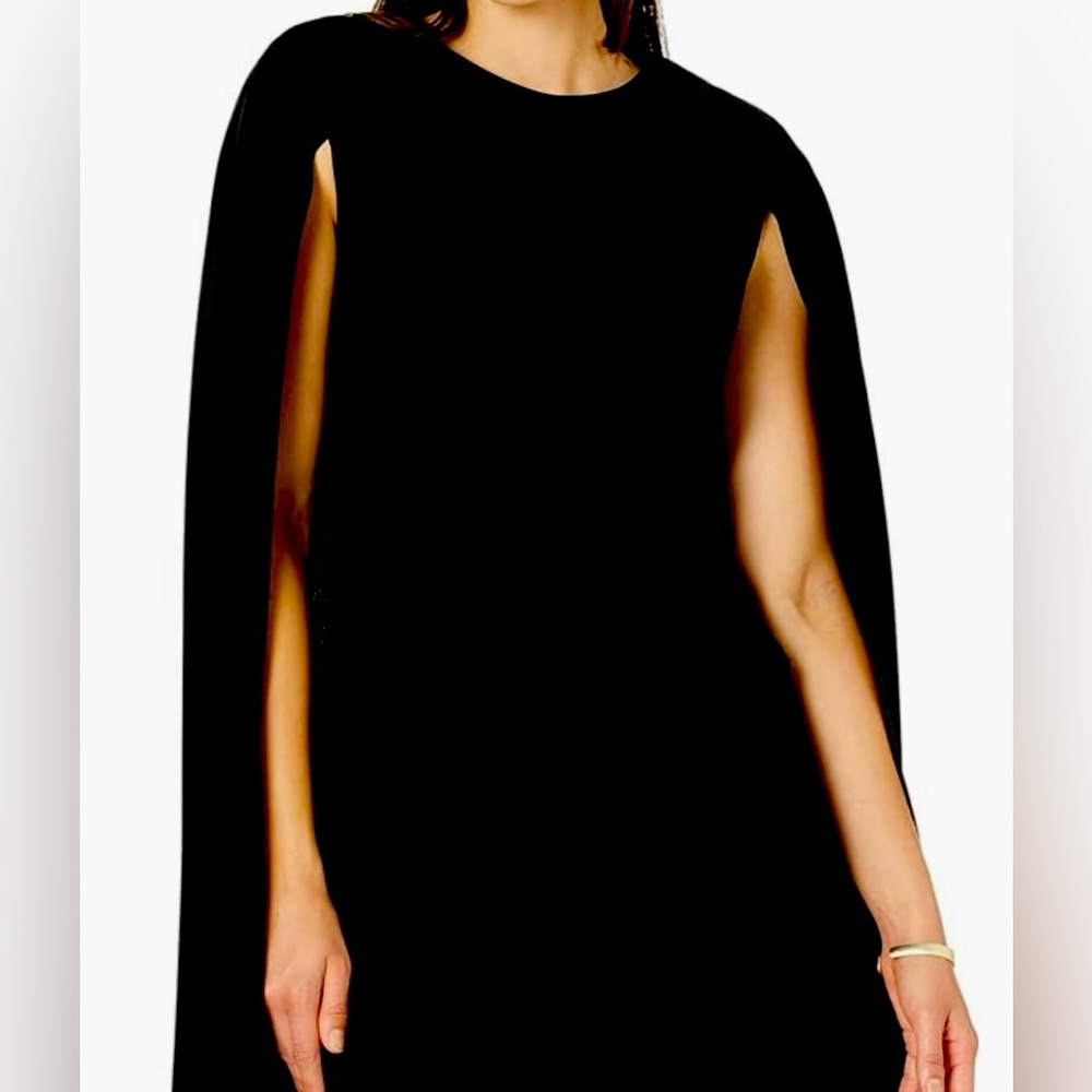 Beautiful black sheath with sheer cap hangs over shoulders and bare arms.